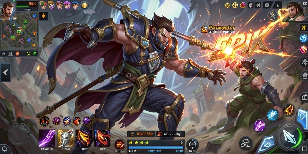 Screenshot gameplay MOBA menampilkan pertarungan karakter yang seru.