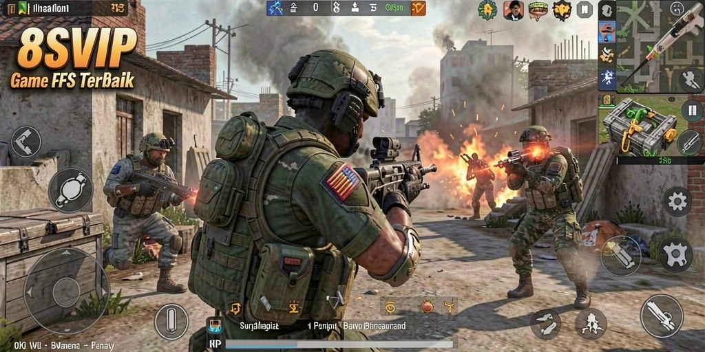 Screenshot menunjukkan pertempuran intens di dalam game FPS.