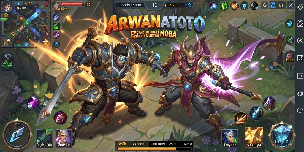 Tampilan gameplay seru dalam ARWANATOTO dengan pertarungan MOBA.