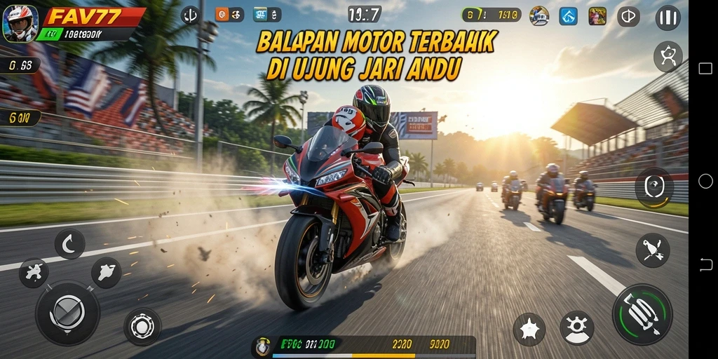 Screenshot gameplay FAV77 menampilkan momen balapan motor yang intens.