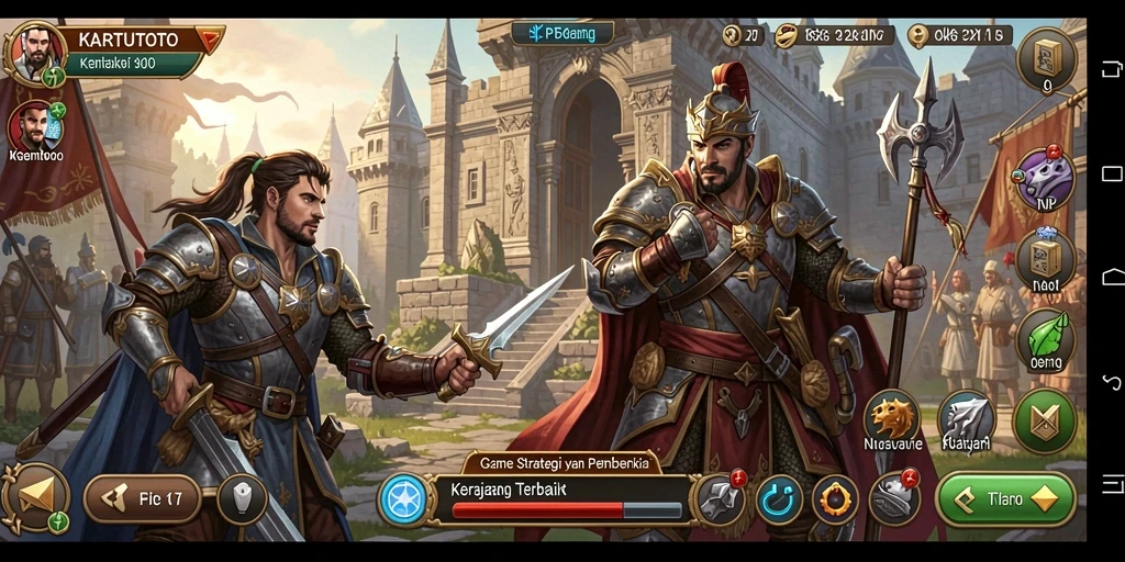 Tampilan gameplay KARTUTOTO dengan pertempuran dan pembangunan kerajaan.