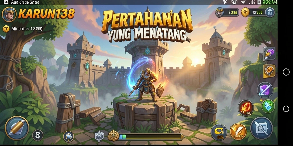 Screenshot gameplay yang menunjukkan menara dan strategi serangan.