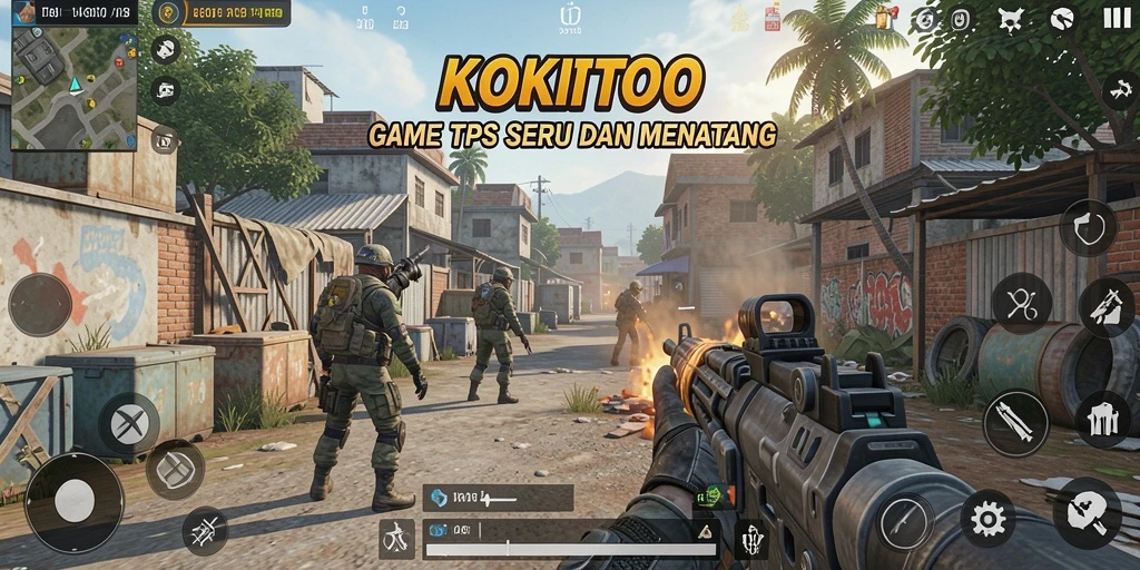 Tampilan gameplay KOKITOTO yang menampilkan aksi tembak-menembak seru.