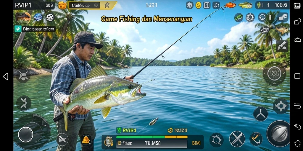 Screenshot dari gameplay RVIP1 menampilkan pengalaman memancing yang seru.